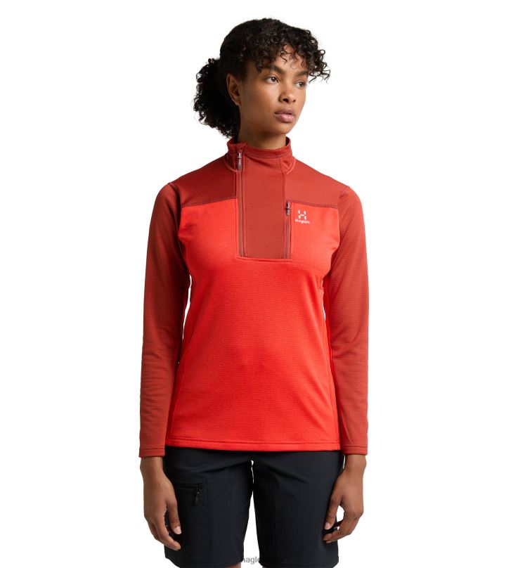 Corrosion/Poppy Red Women Haglofs ROC Flash Mid Halfzip Tops ZXT0L617